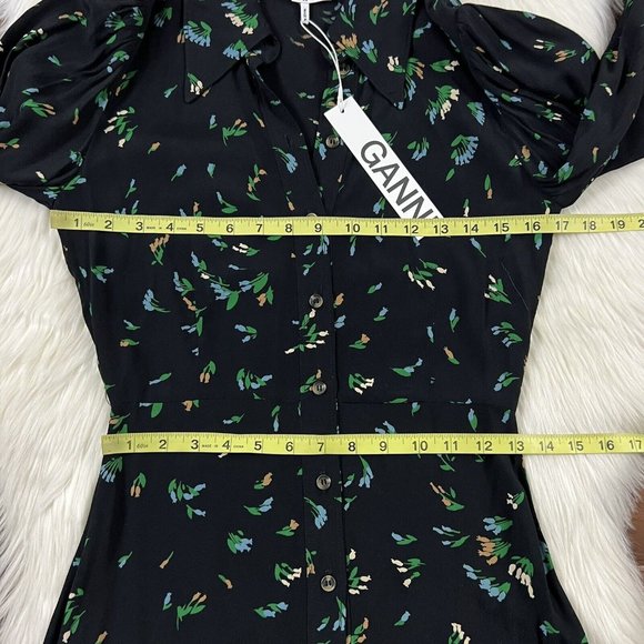 Ganni Women's Size 34 / US 2 Verdant Green Floral Printed Crepe Shirt‎ Dress - Picture 5 of 12